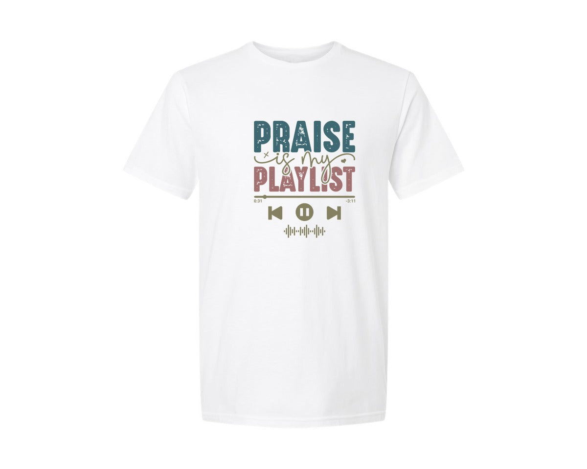 brand:Generic|color:White|praise-is-my-playlist-jesus-graphic-t-shirt