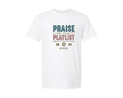 brand:Generic|color:White|praise-is-my-playlist-jesus-graphic-t-shirt