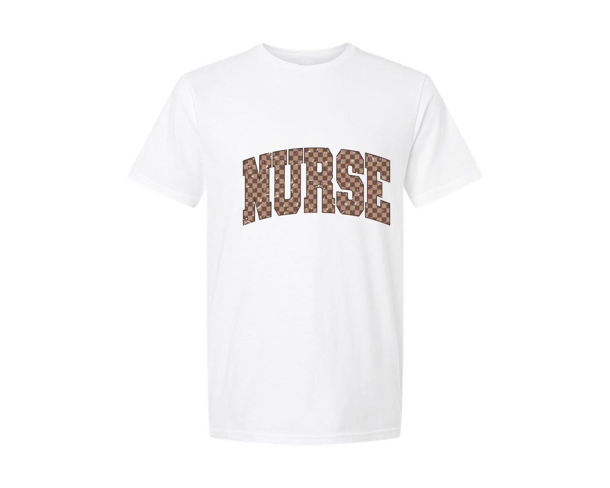 brand:Generic|color:White|nurse-retro-checkered-nurse-varsity-graphic-t-shirt