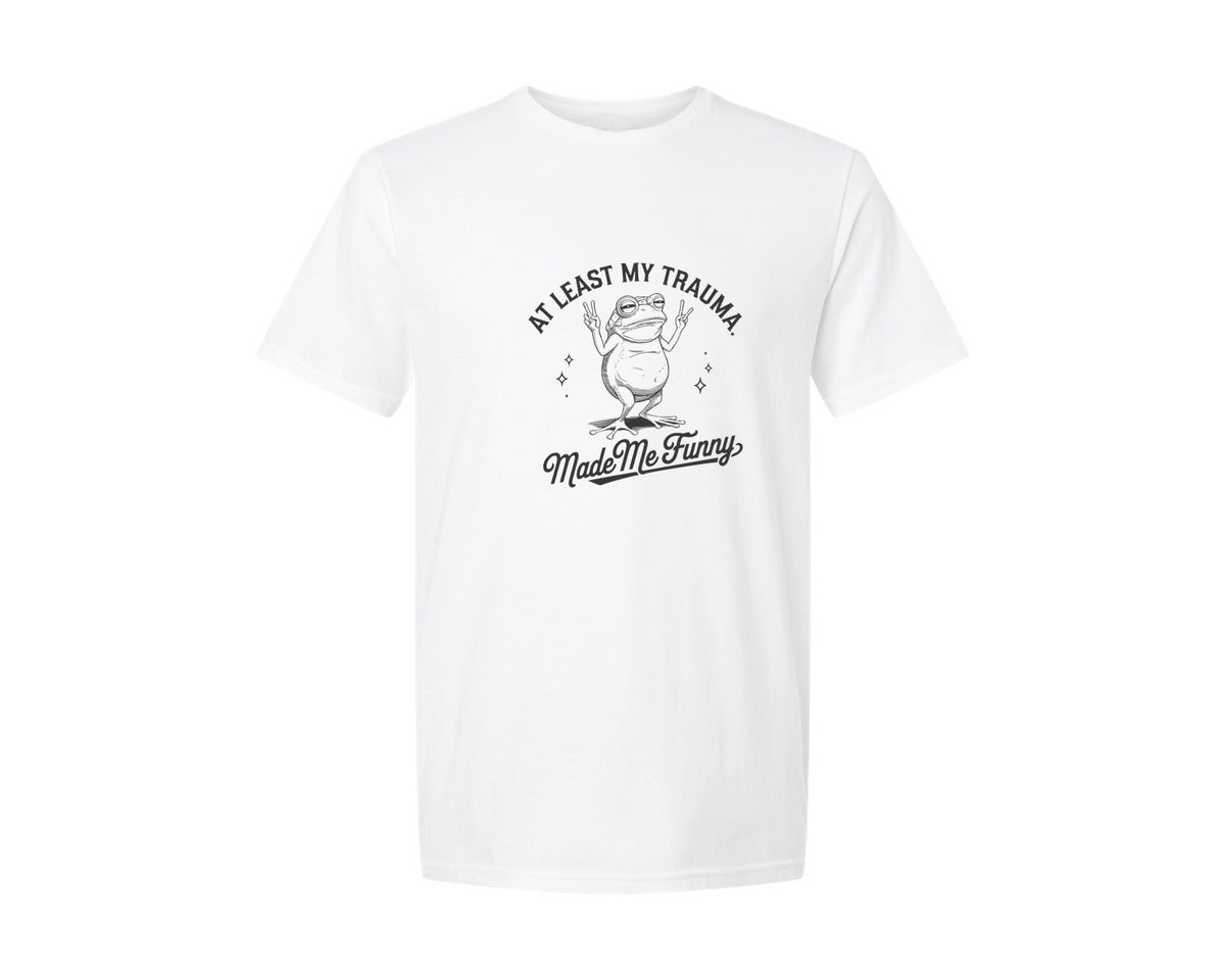brand:Generic|color:White|at-least-my-trauma-made-me-funny-des-graphic-t-shirt
