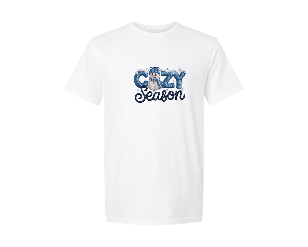 brand:Generic|color:White|faux-yarn-cozy-season-winter-snowman-graphic-t-shirt