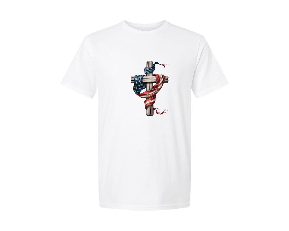 brand:Generic|color:White|usa-flag-cross-patriotic-faith-art-graphic-t-shirt