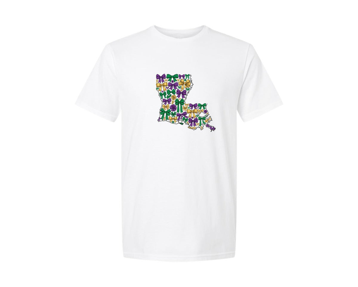 brand:Generic|color:White|louisiana-mardi-gras-coquette-bow-map-graphic-t-shirt