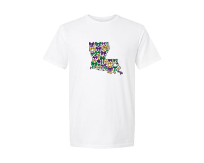 brand:Generic|color:White|louisiana-mardi-gras-coquette-bow-map-graphic-t-shirt