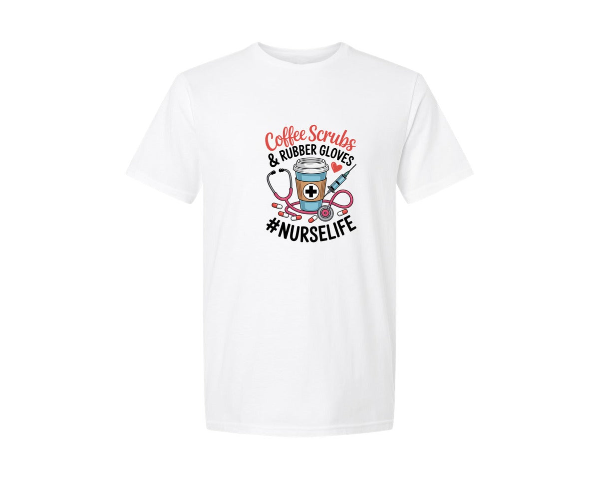 brand:Generic|color:White|coffee-scrubs-rubber-gloves-nurselife-4-graphic-t-shirt