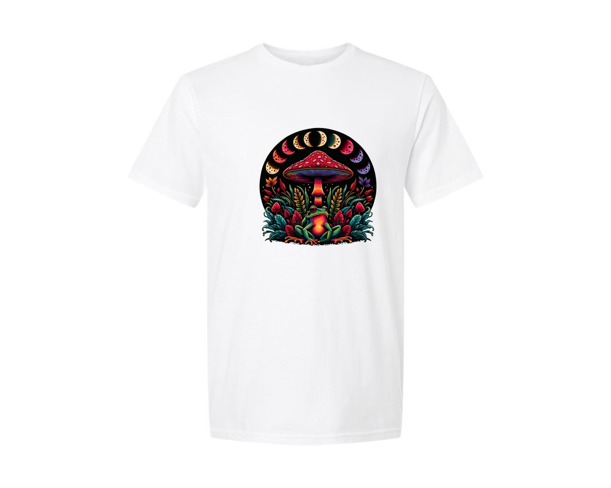 brand:Generic|color:White|enchanted-frog-art-vintage-mushroom-graphic-t-shirt