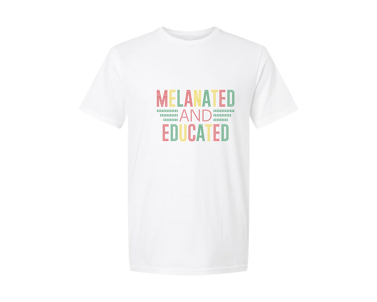 brand:Generic|color:White|melanated-and-educatedrhinestone-design-graphic-t-shirt