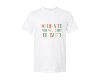brand:Generic|color:White|melanated-and-educatedrhinestone-design-graphic-t-shirt