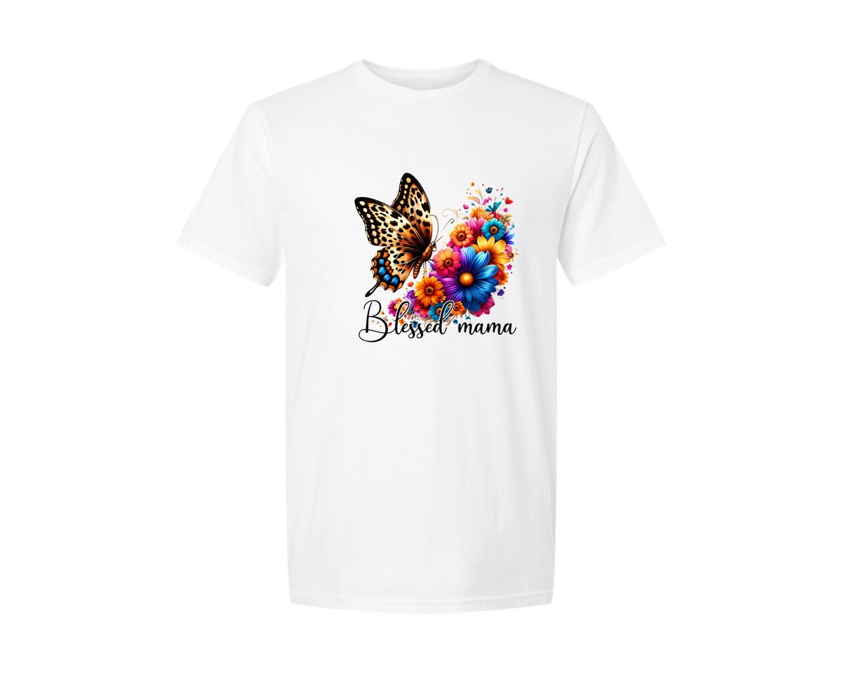 brand:Generic|color:White|blessed-mama-butterfly-floral-graphic-t-shirt