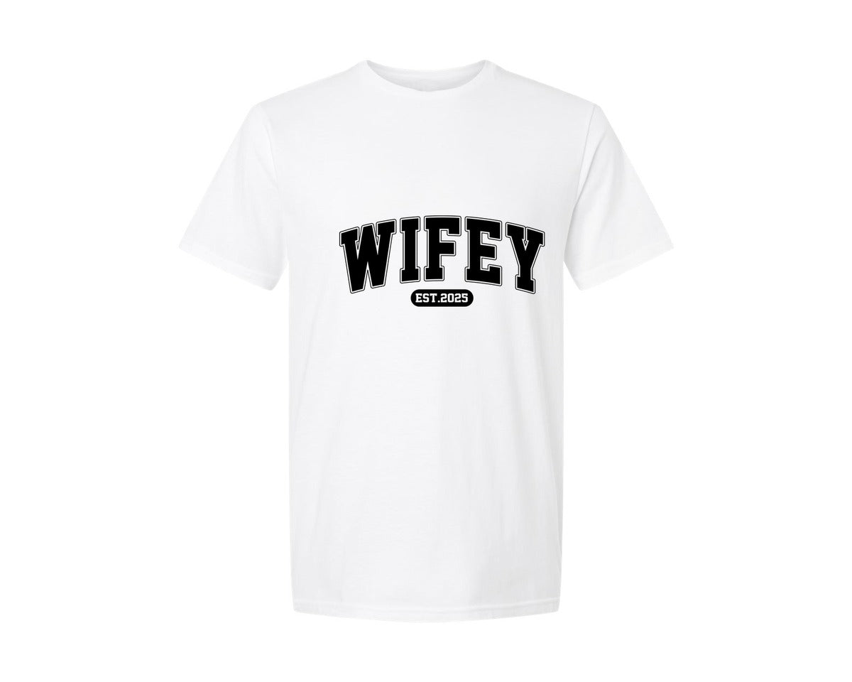brand:Generic|color:White|wifey-est-2025-retro-varsity-graphic-t-shirt