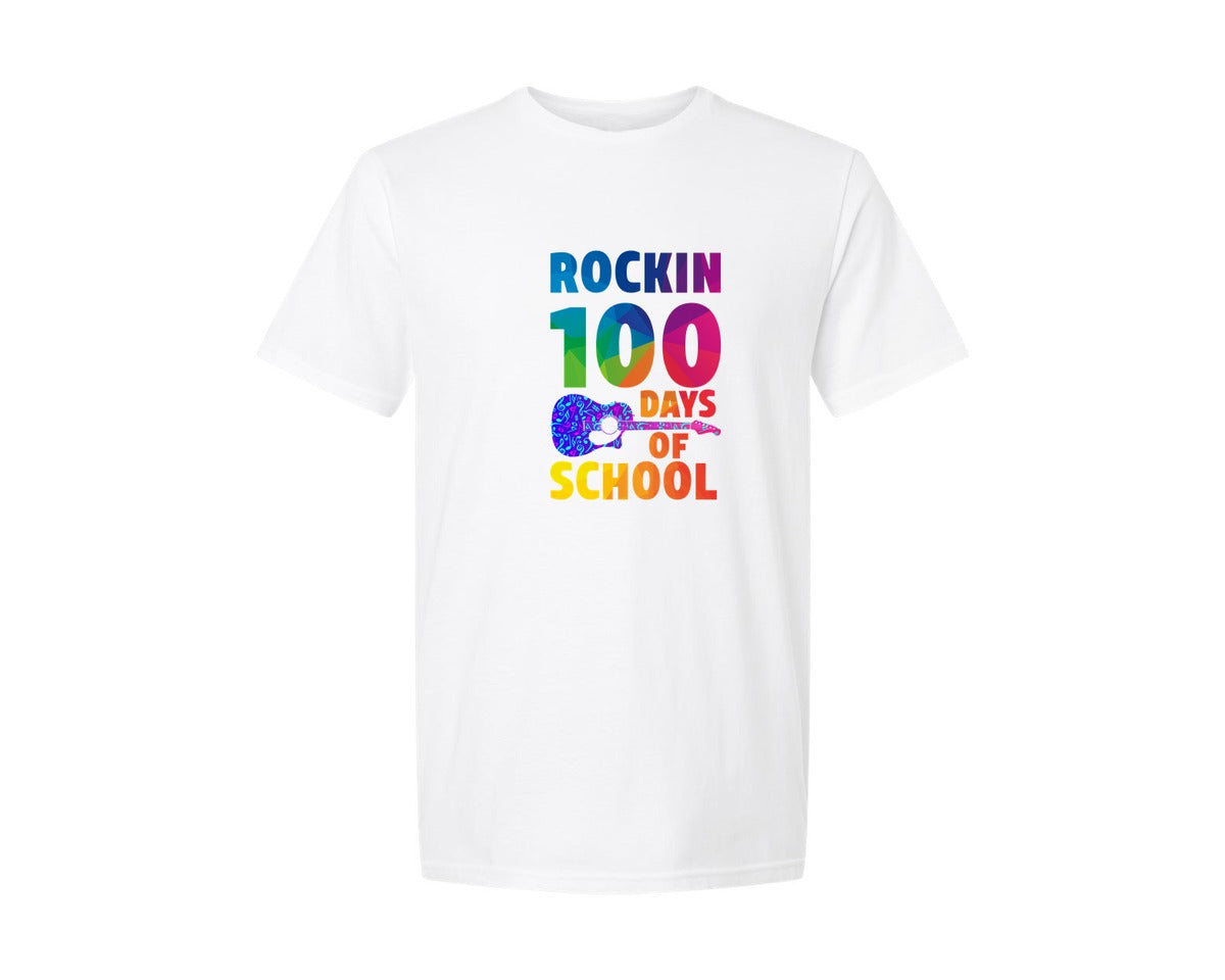 brand:Generic|color:White|rockin-100-days-of-school-music-teacher-graphic-t-shirt