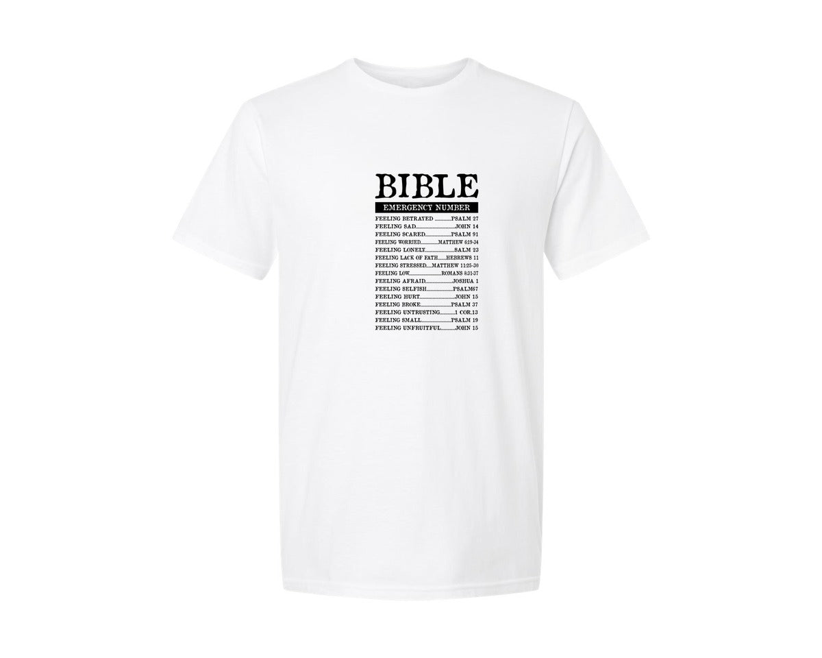 brand:Generic|color:White|nutrition-facts-bible-emergency-numbers-graphic-t-shirt