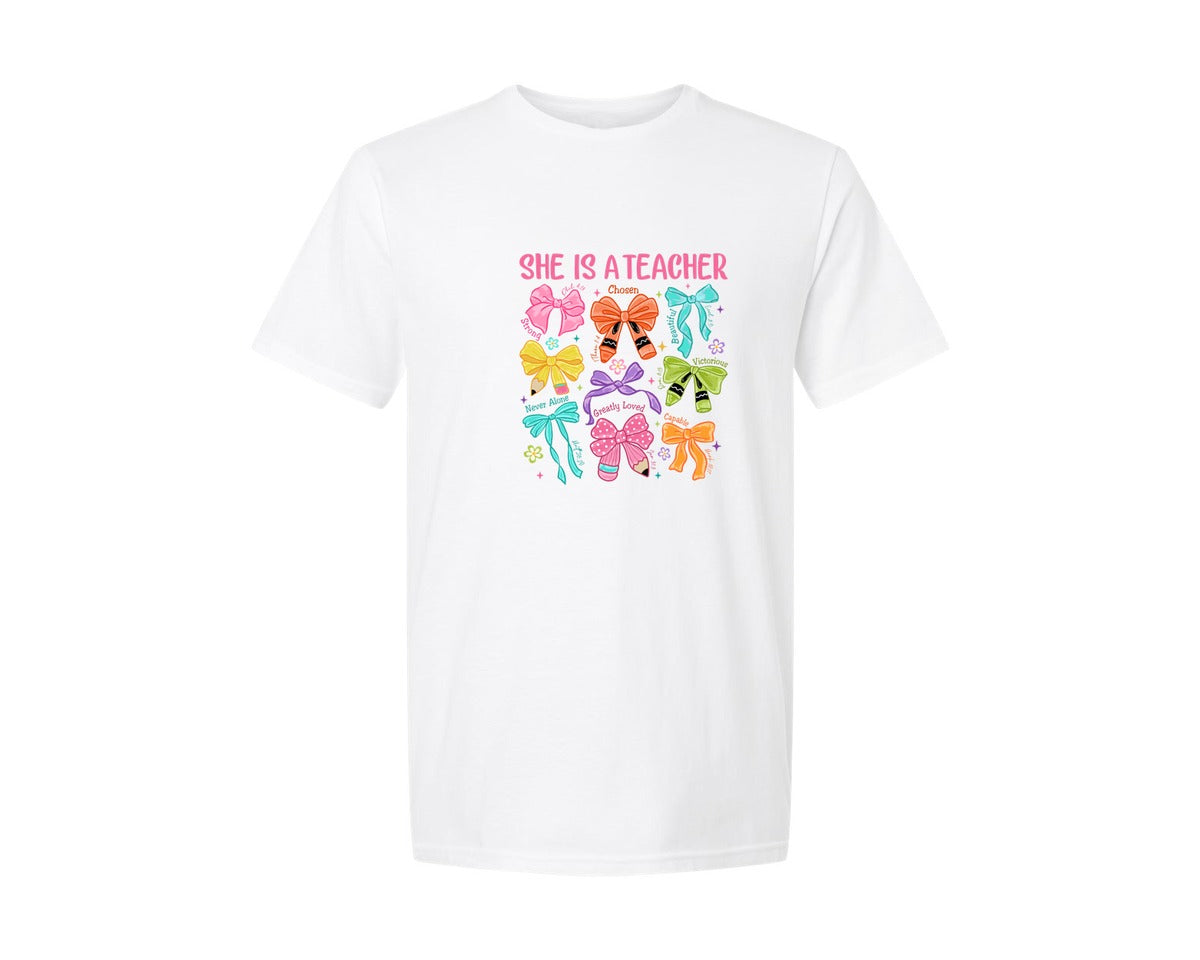 brand:Generic|color:White|she-is-a-teacher-bow-crayon-graphic-t-shirt