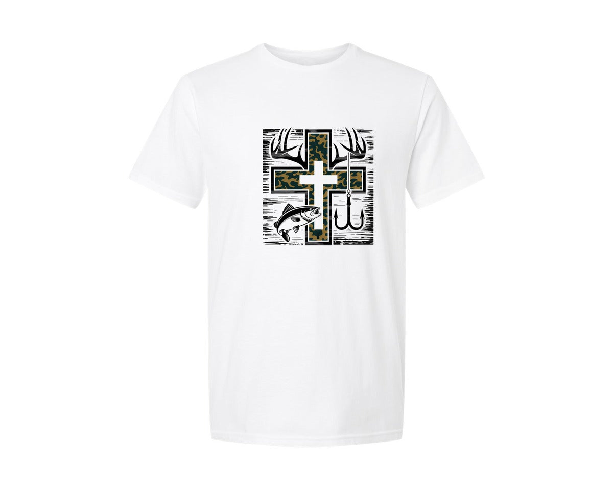brand:Generic|color:White|camo-cross-fishing-pngchristian-hunting-graphic-t-shirt