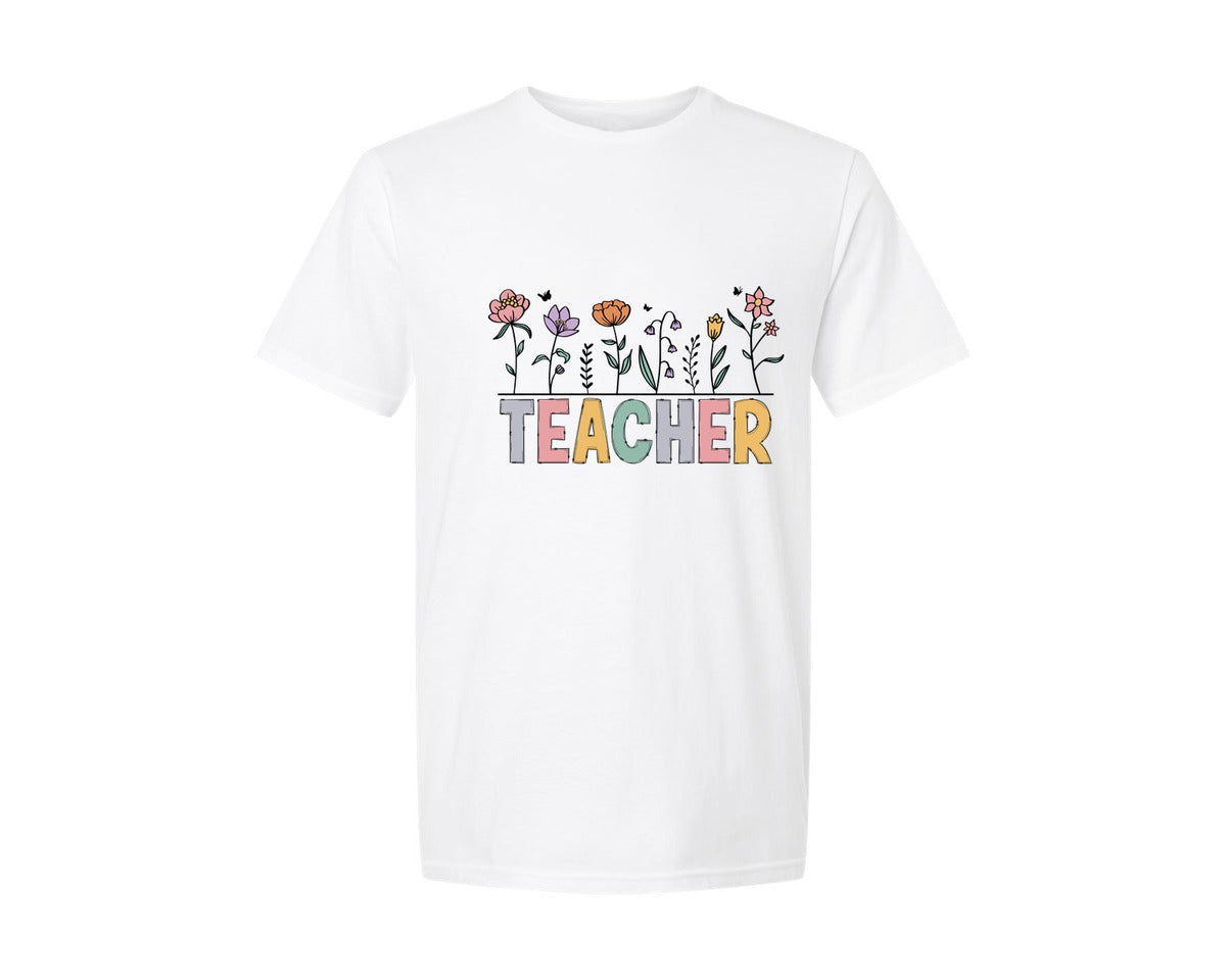 brand:Generic|color:White|retro-teacher-floral-wildflower-2-graphic-t-shirt