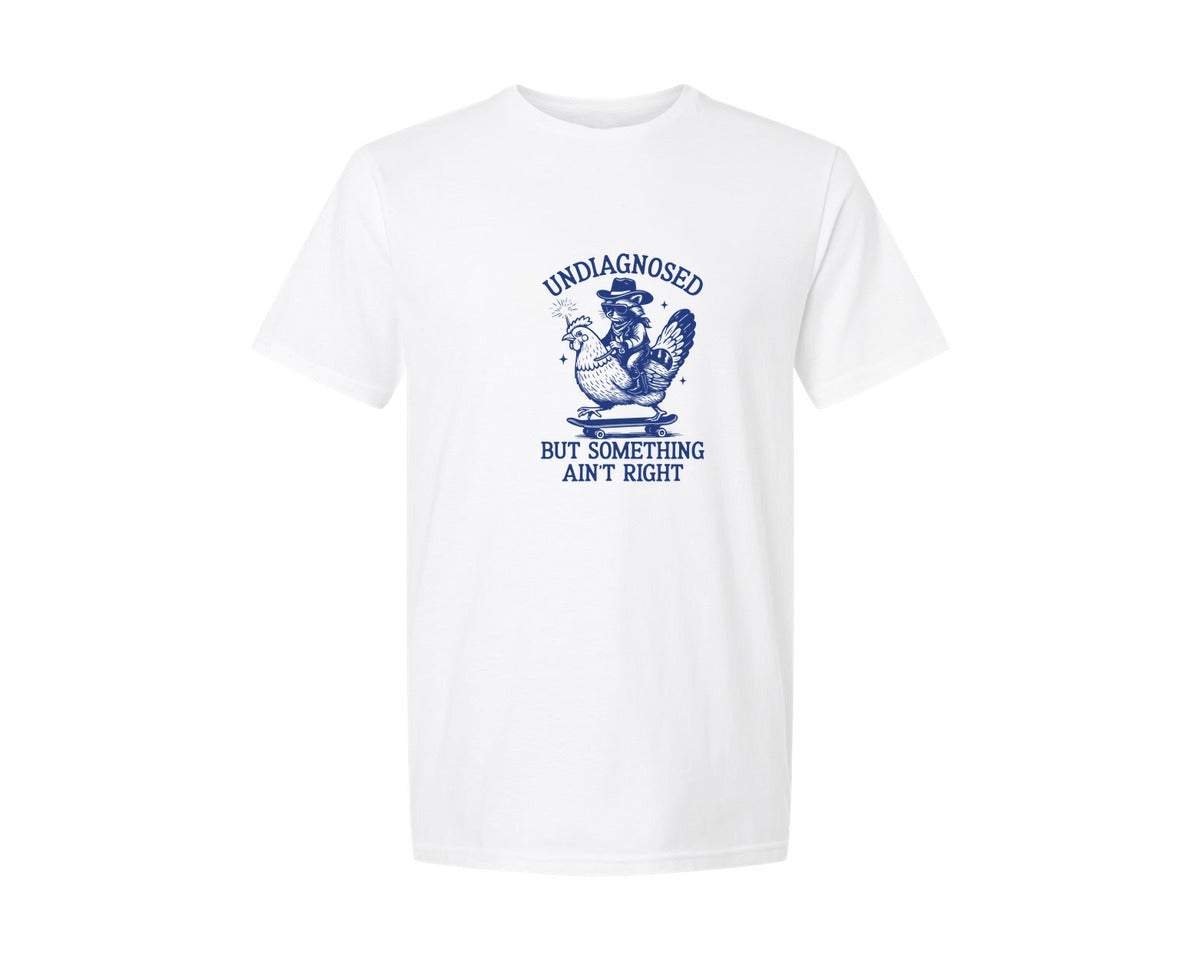 brand:Generic|color:White|undiagnosed-cowboy-raccoon-with-chicken-graphic-t-shirt