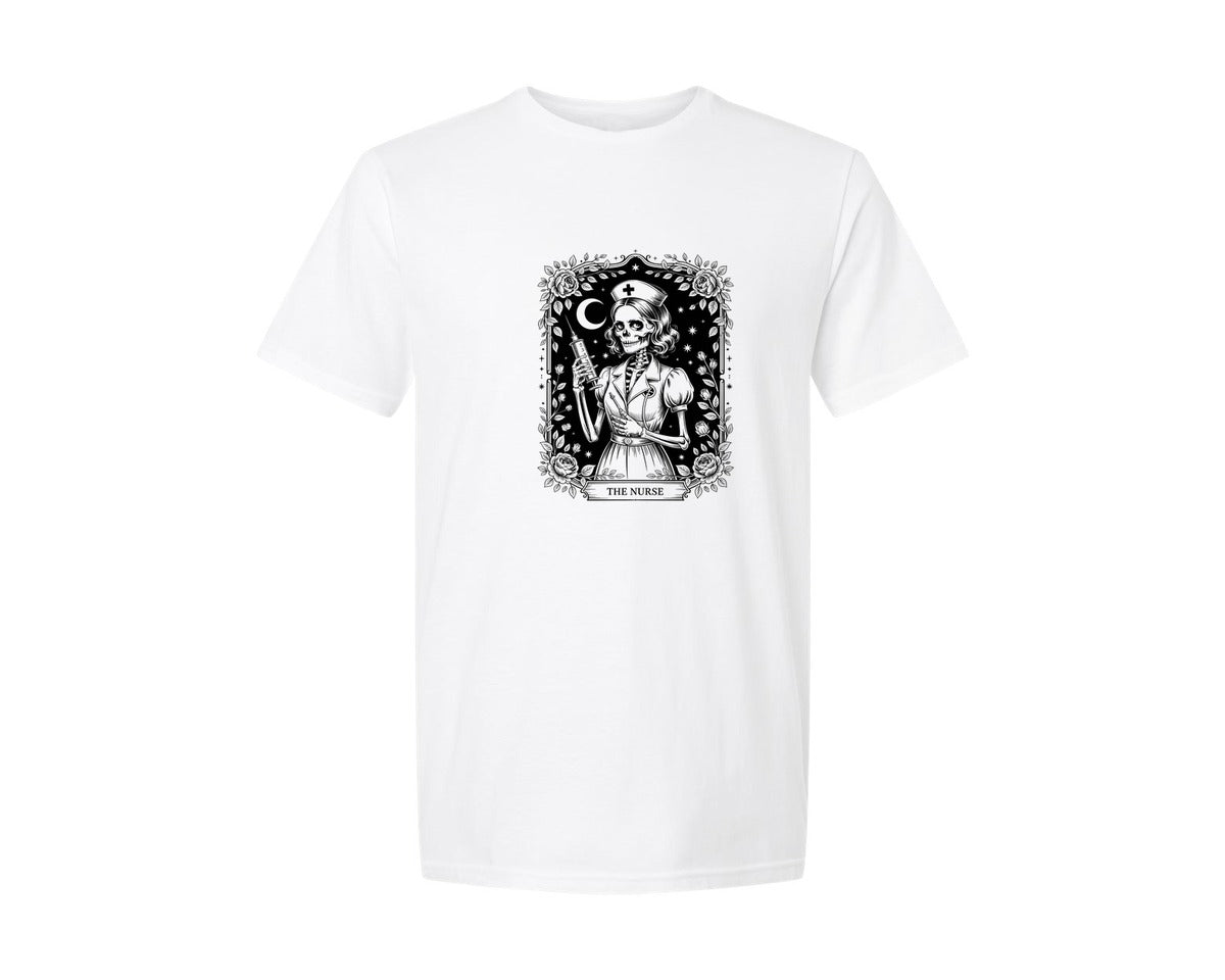 brand:Generic|color:White|the-nurse-skeleton-tarot-card-graphic-t-shirt