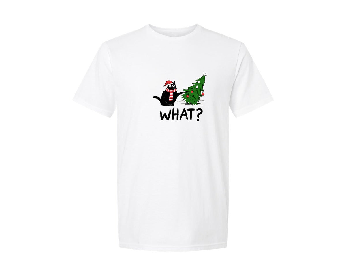 brand:Generic|color:White|funny-cat-christmas-tree-black-cat-graphic-t-shirt