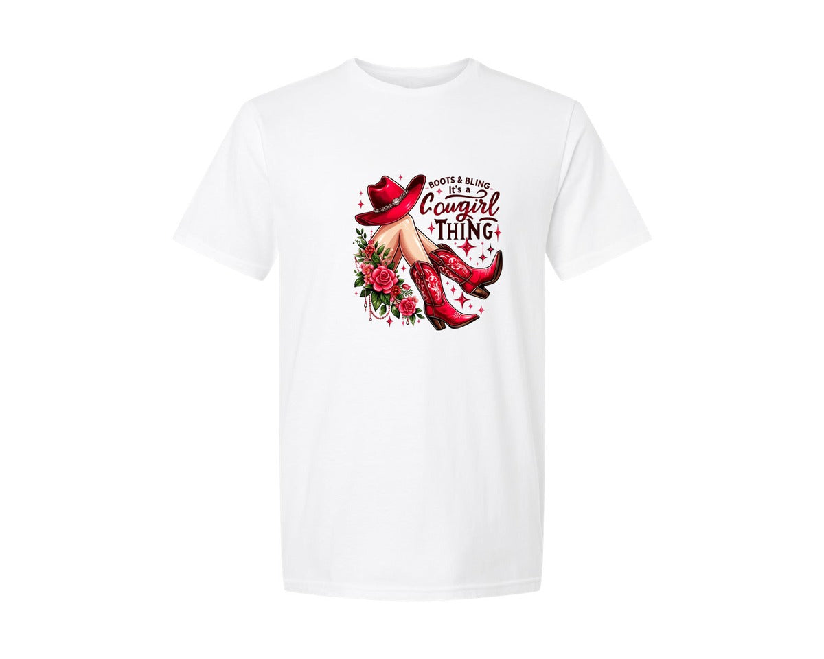 brand:Generic|color:White|boots-and-bling-its-a-cowgirl-thing-8-graphic-t-shirt