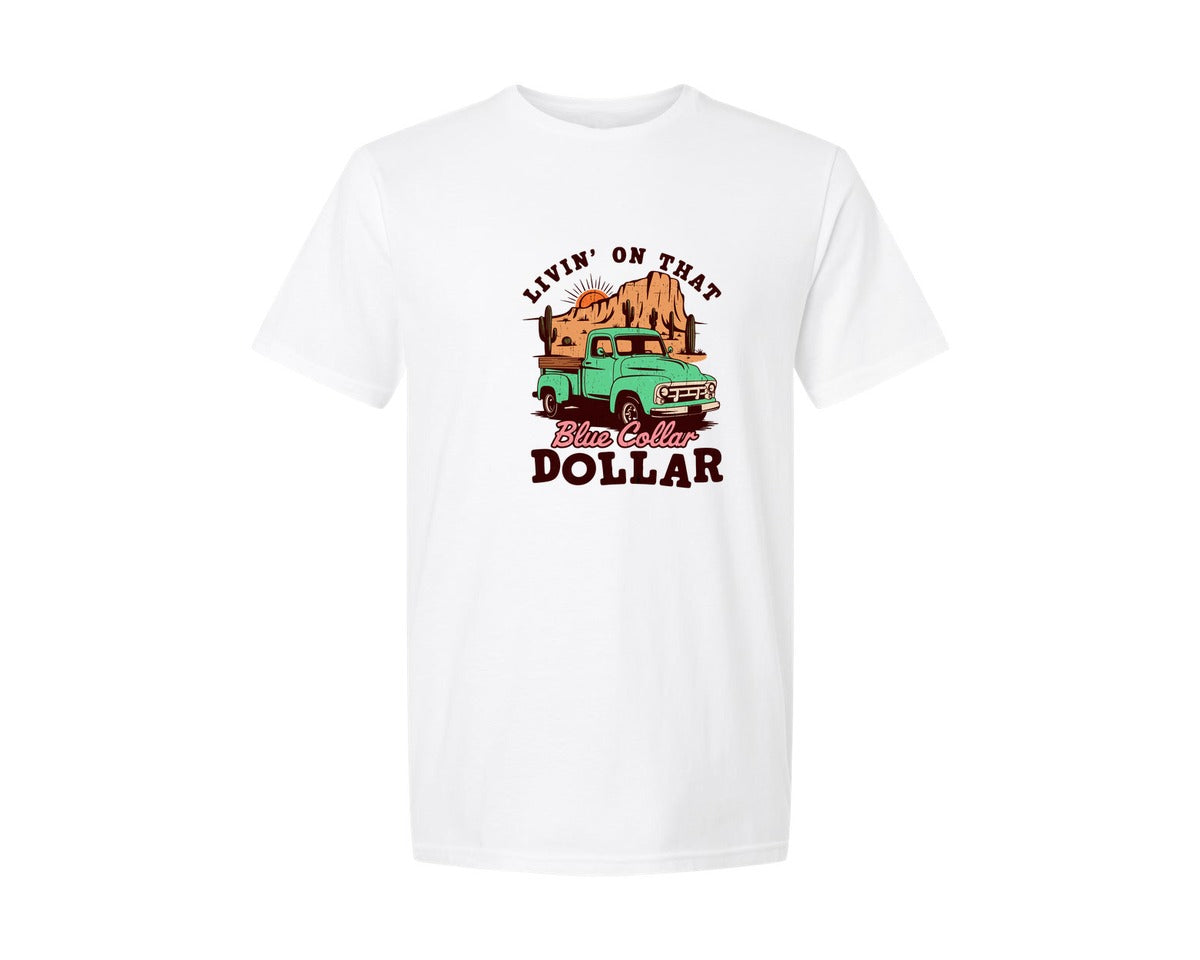 brand:Generic|color:White|livin-on-that-blue-collar-western-graphic-t-shirt