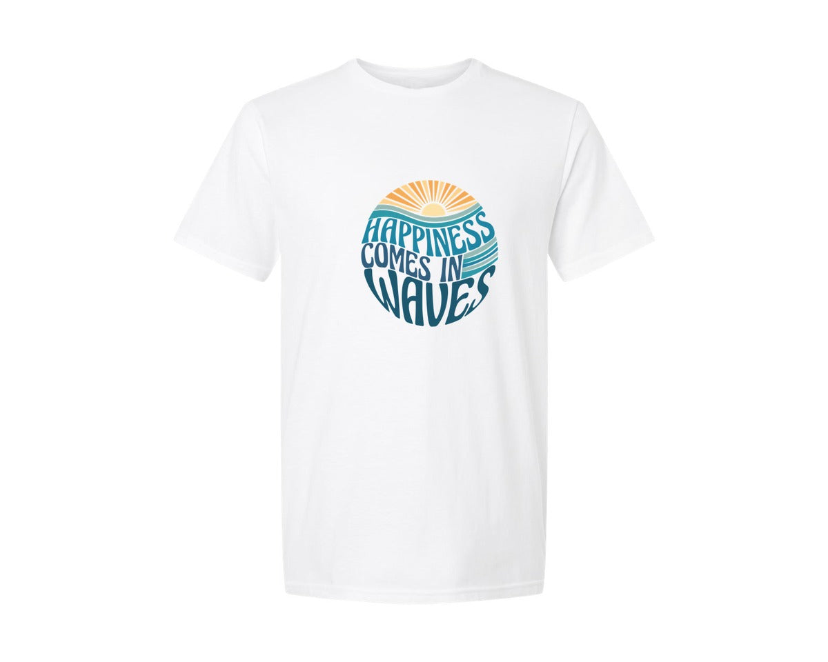 brand:Generic|color:White|happiness-comes-in-waves-summer-beach-graphic-t-shirt
