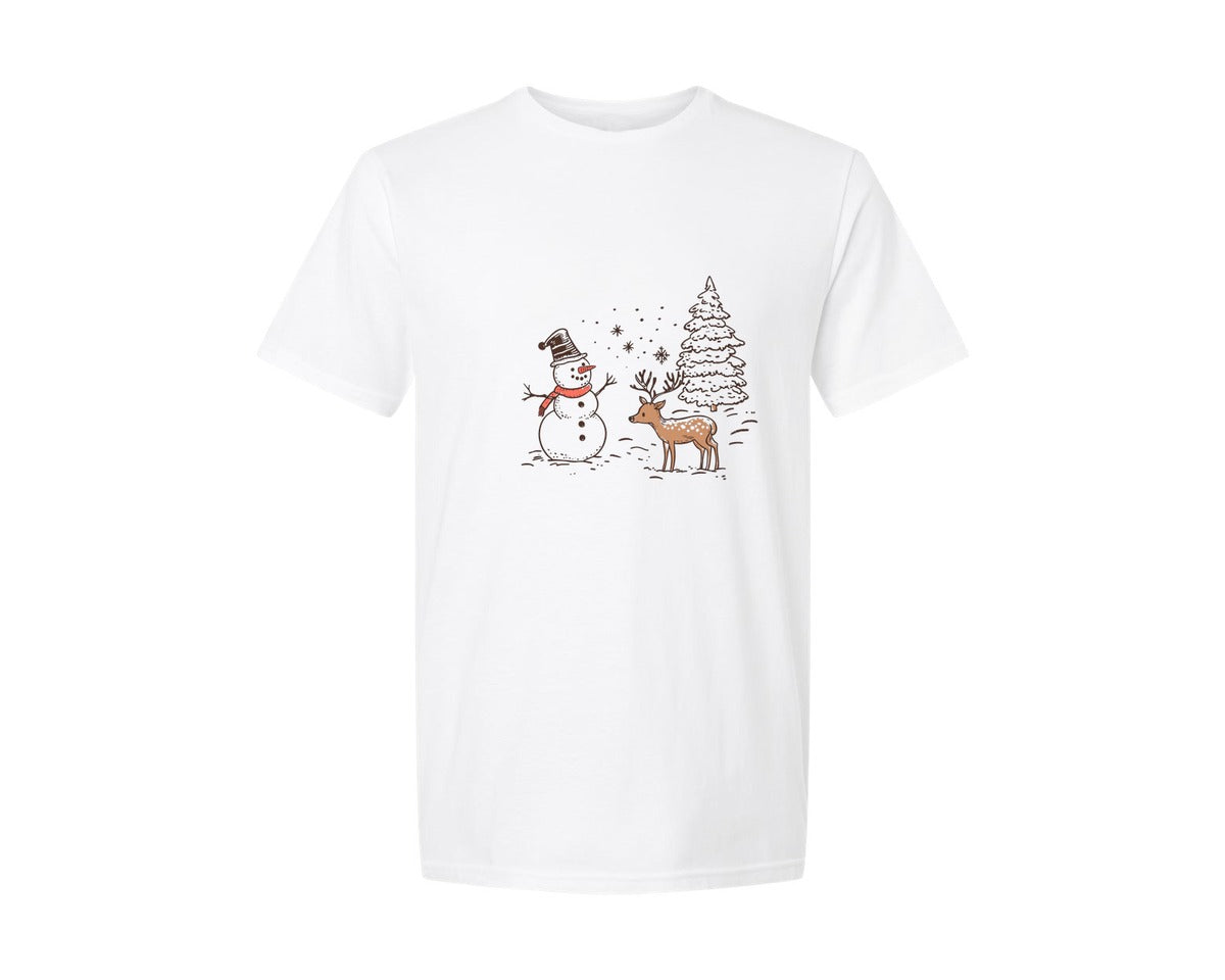 brand:Generic|color:White|christmas-winter-scene-xmas-tree-deer-graphic-t-shirt