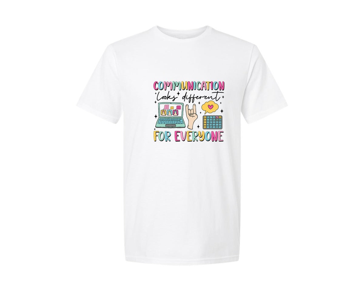 brand:Generic|color:White|communication-looks-different-graphic-t-shirt