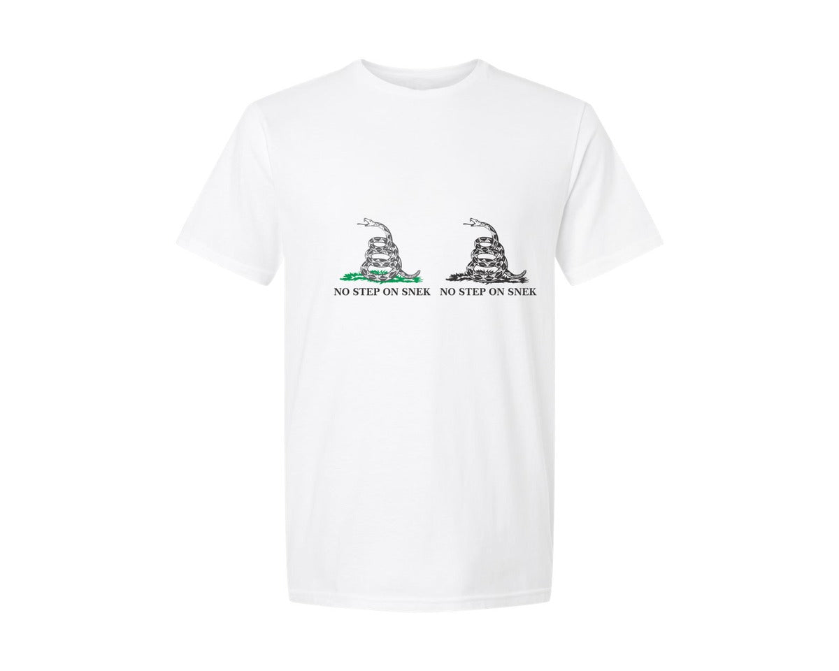 brand:Generic|color:White|no-step-on-snek-1776-gadsden-flag-meme-graphic-t-shirt