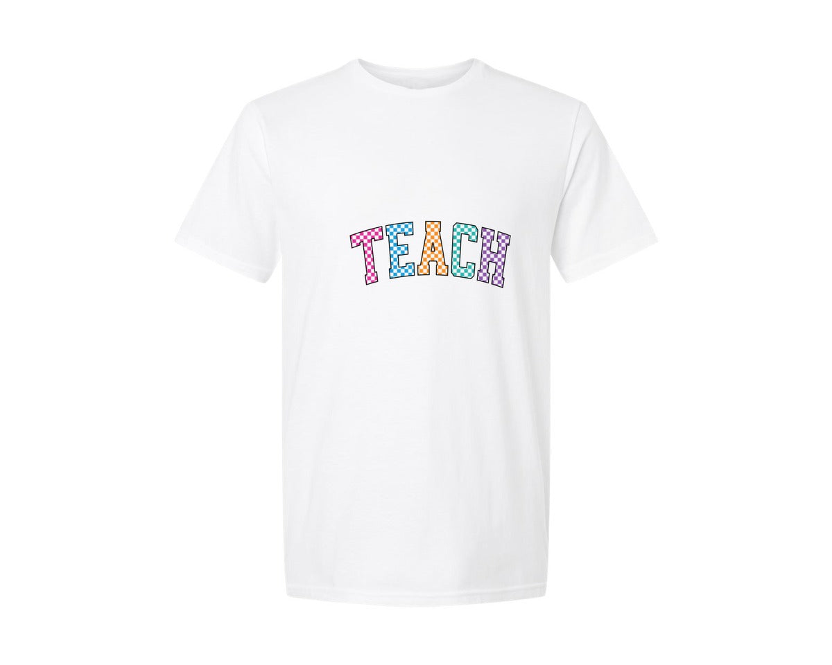 brand:Generic|color:White|teacher-checkered-varsity-teach-2-graphic-t-shirt