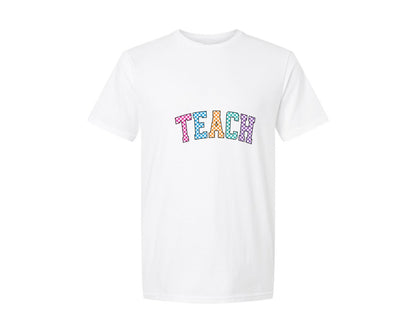 brand:Generic|color:White|teacher-checkered-varsity-teach-2-graphic-t-shirt