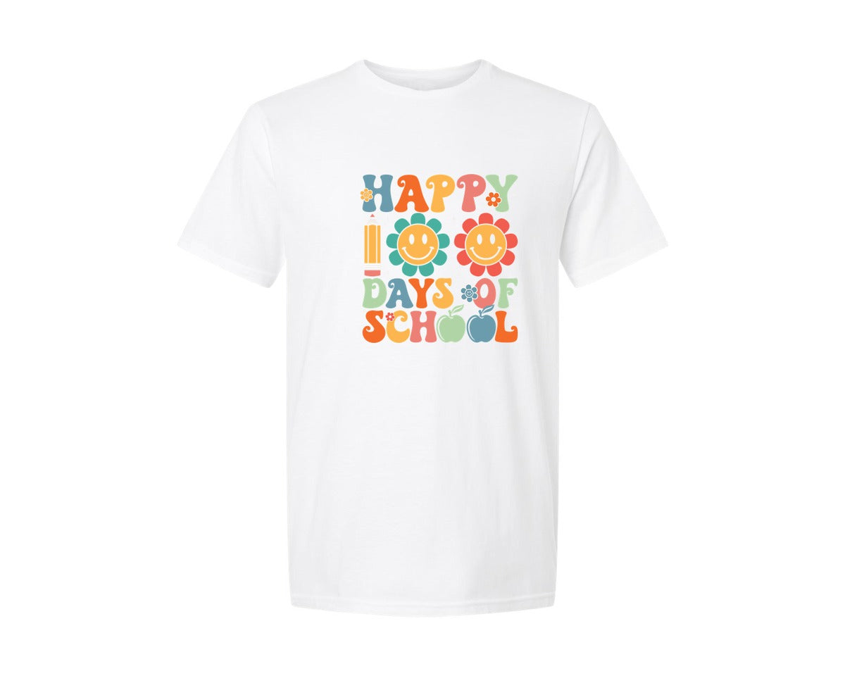 brand:Generic|color:White|retro-happy-100-days-of-school-smiley-graphic-t-shirt