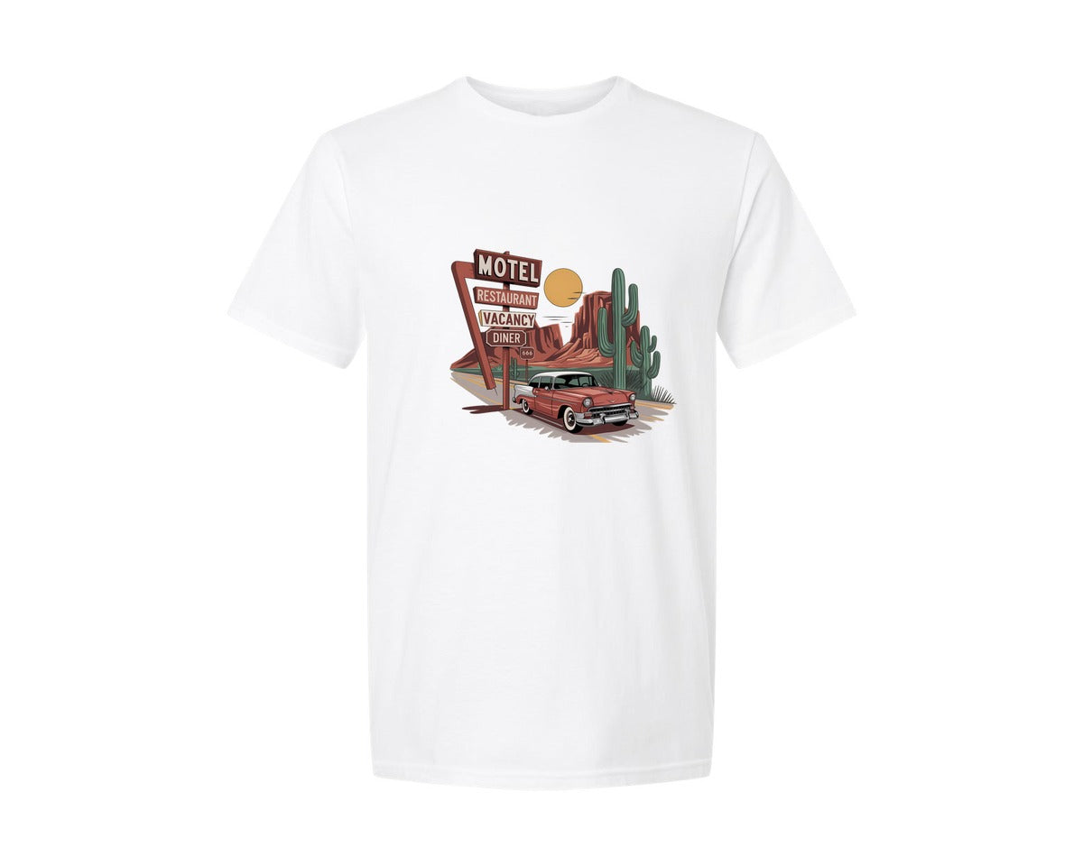 brand:Generic|color:White|desert-road-trip-vintage-motel-class-graphic-t-shirt