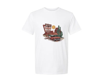 brand:Generic|color:White|desert-road-trip-vintage-motel-class-graphic-t-shirt