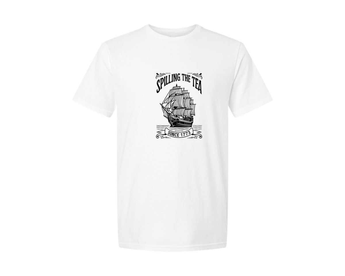 brand:Generic|color:White|spilling-the-tea-since-1773-usa-history-graphic-t-shirt