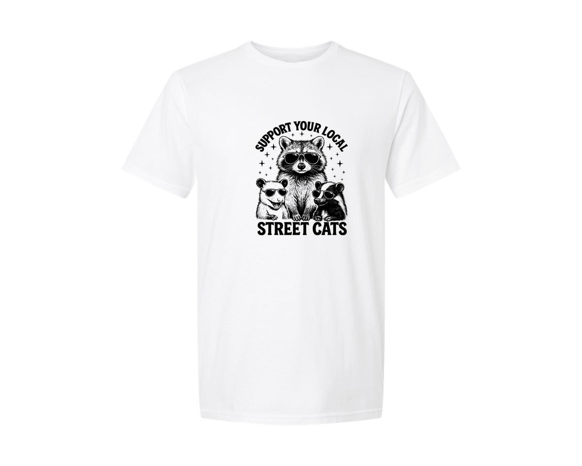 brand:Generic|color:White|support-your-local-street-cats-raccoon-2-graphic-t-shirt