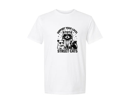 brand:Generic|color:White|support-your-local-street-cats-raccoon-2-graphic-t-shirt