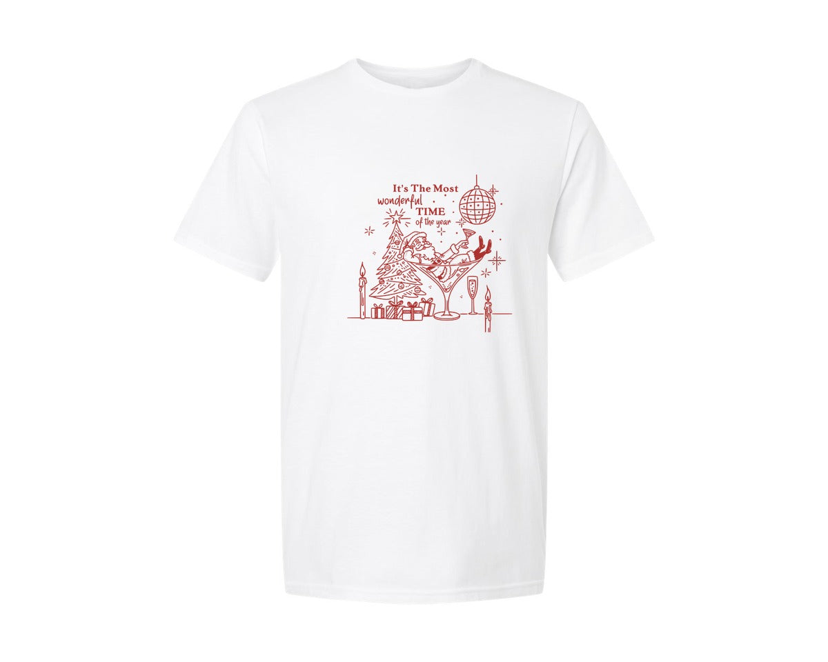 brand:Generic|color:White|funny-christmas-martini-glass-santa-graphic-t-shirt