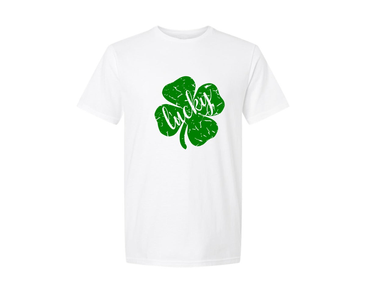 brand:Generic|color:White|lucky-shamrock-distressed-st-patrick-day-2-graphic-t-shirt