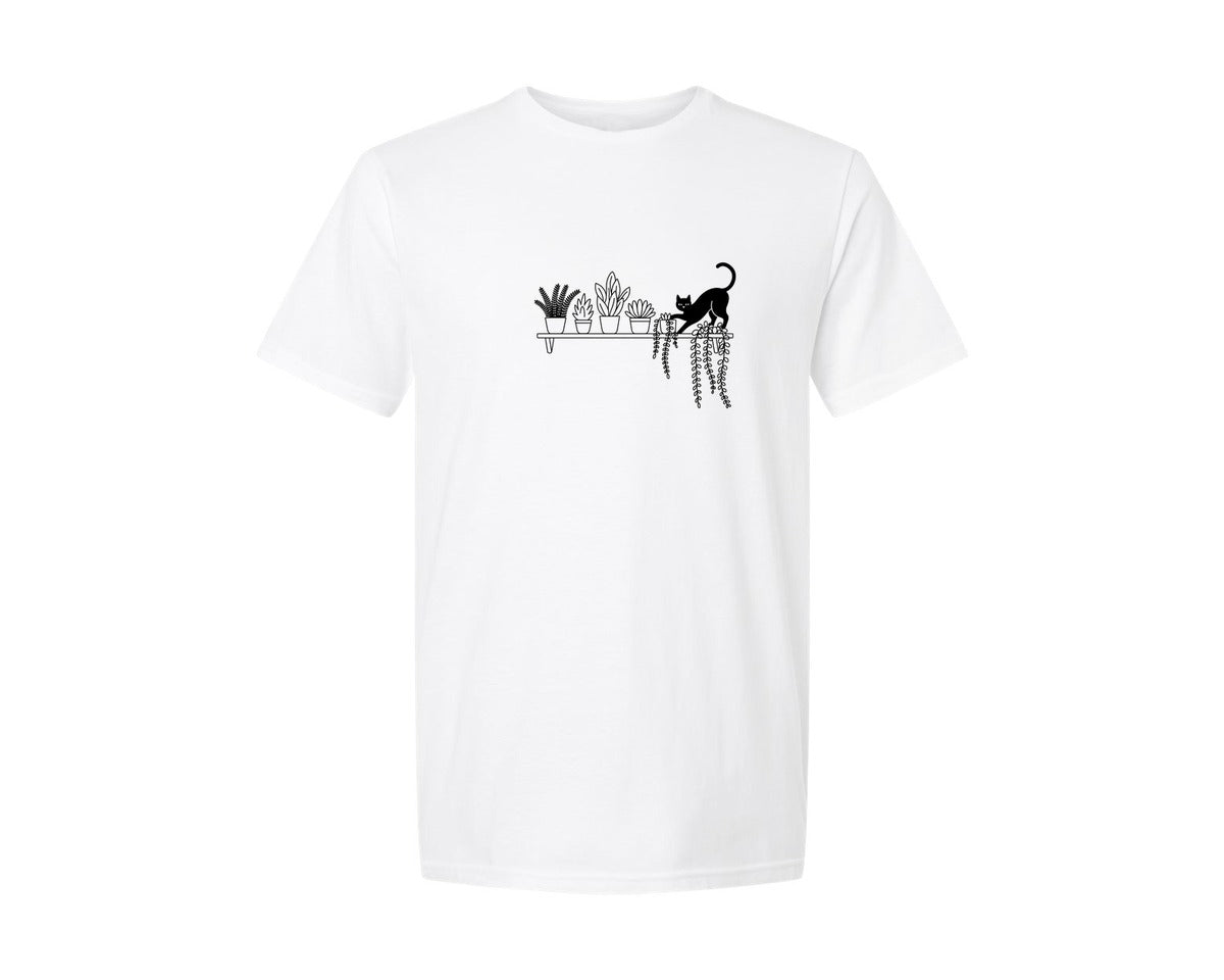 brand:Generic|color:White|plants-and-a-cat-shelf-shirt-graphic-t-shirt