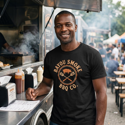 Custom Gildan 64000 black staff t-shirt with BBQ restaurant logo - InkDyno custom example