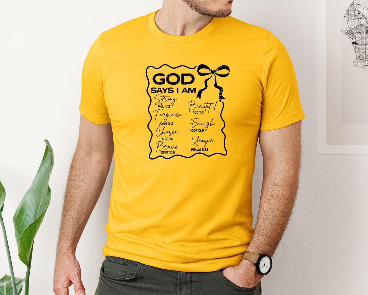 brand:Bella Canvas|color:Gold|God Says I Am Coquette Christian Graphic T-Shirt