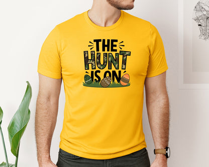 brand:Bella Canvas|color:Gold|The Hunt Is On Camo Easter Egg Camo Graphic T-Shirt