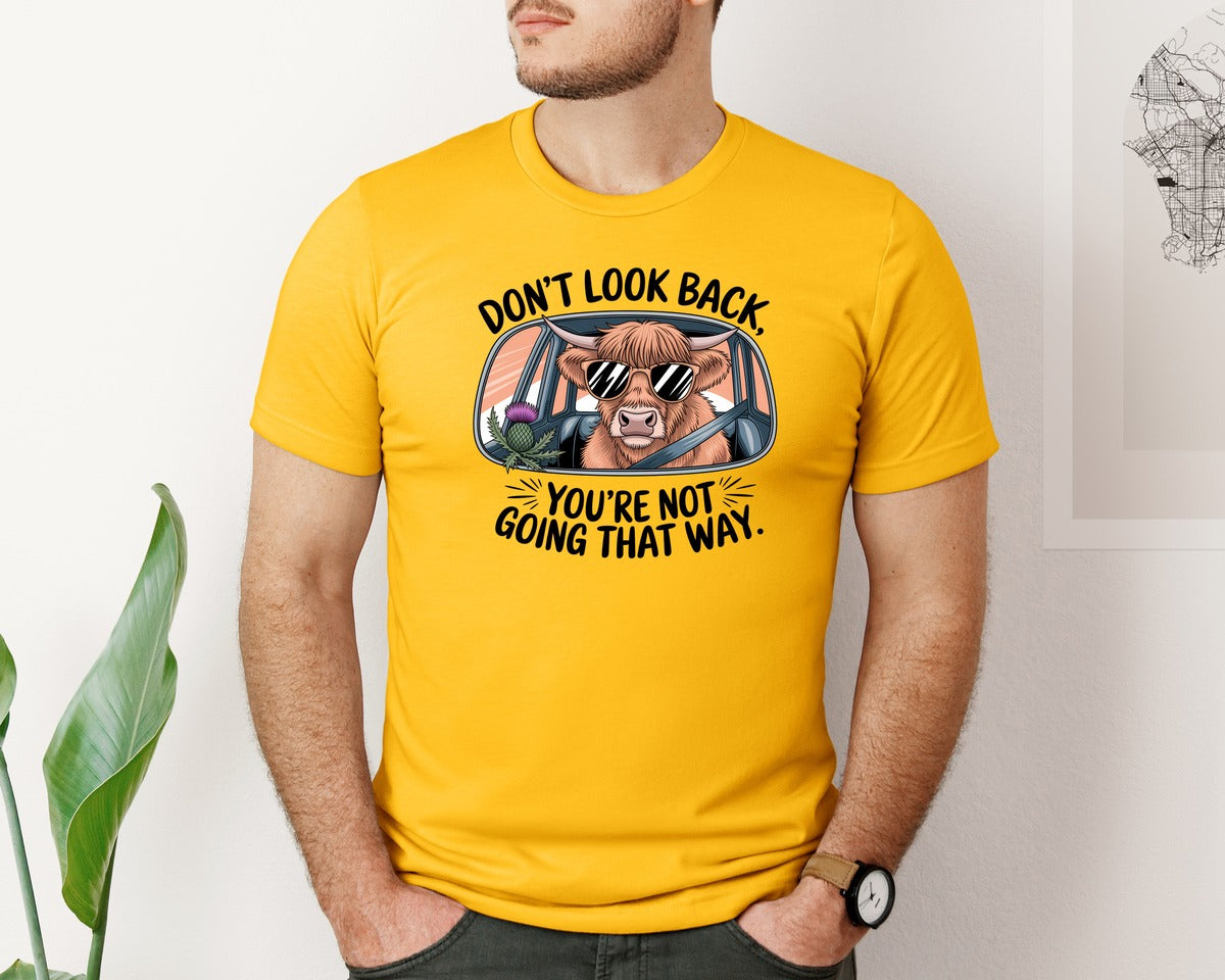 brand:Bella Canvas|color:Gold|Dont Look Back Highland Cow Graphic T-Shirt