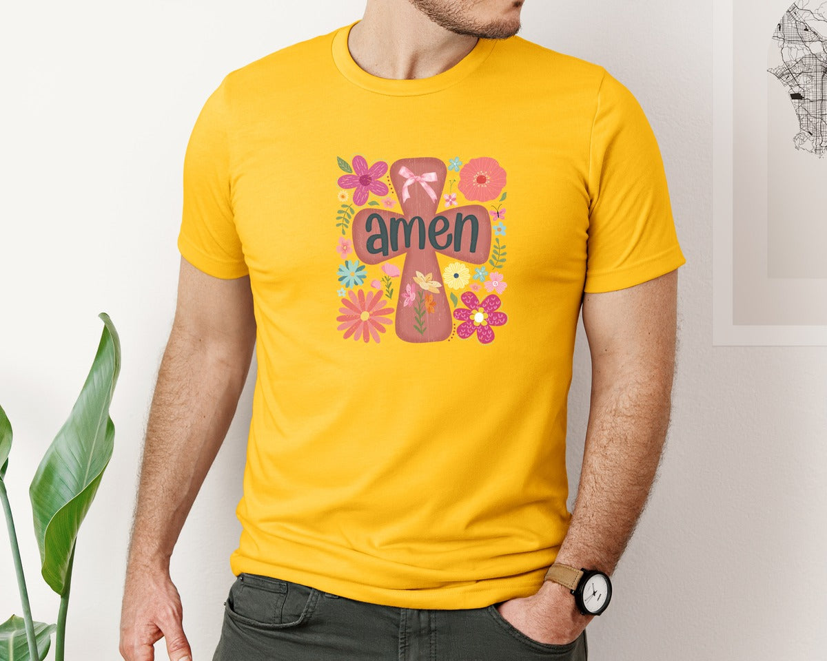 brand:Bella Canvas|color:Gold|Boho Floral Amen Christian Graphic T-Shirt