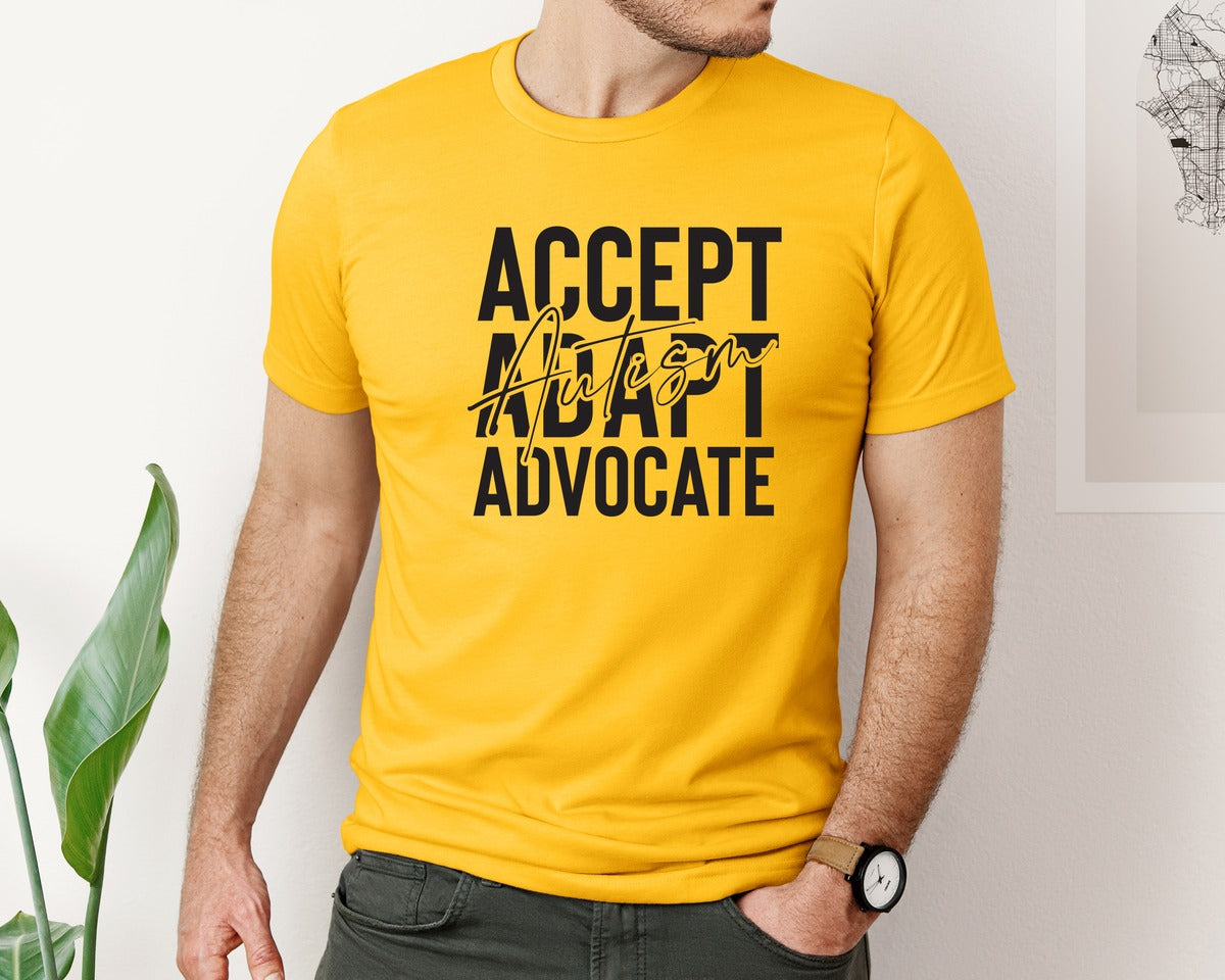brand:Bella Canvas|color:Gold|Accept Adapt Advocate Autism Graphic T-Shirt