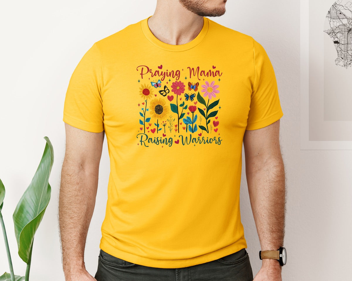 brand:Bella Canvas|color:Gold|Praying Mama Raising Warriors Boho Graphic T-Shirt