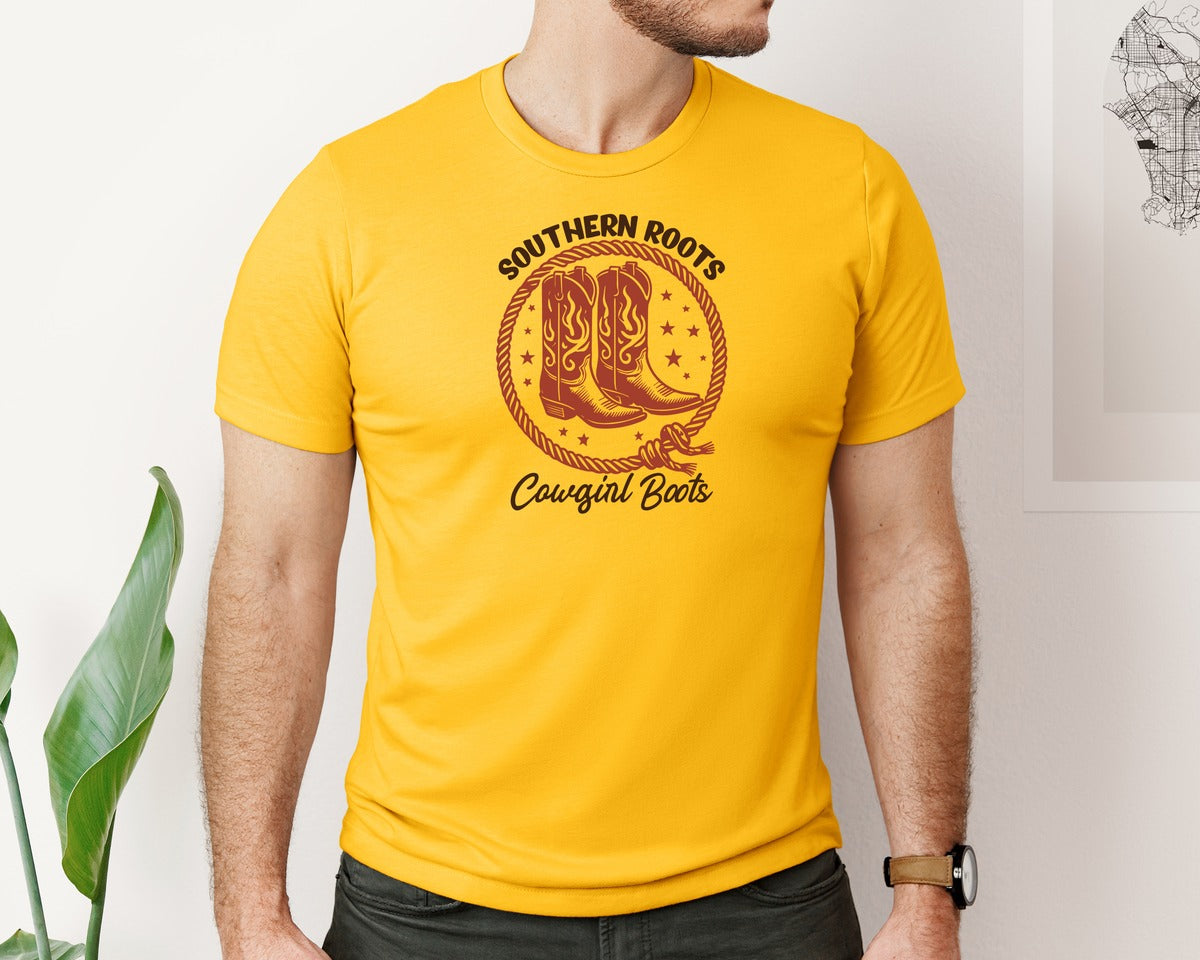 brand:Bella Canvas|color:Gold|Southern Roots Cowgirl Boots Cowgir Graphic T-Shirt