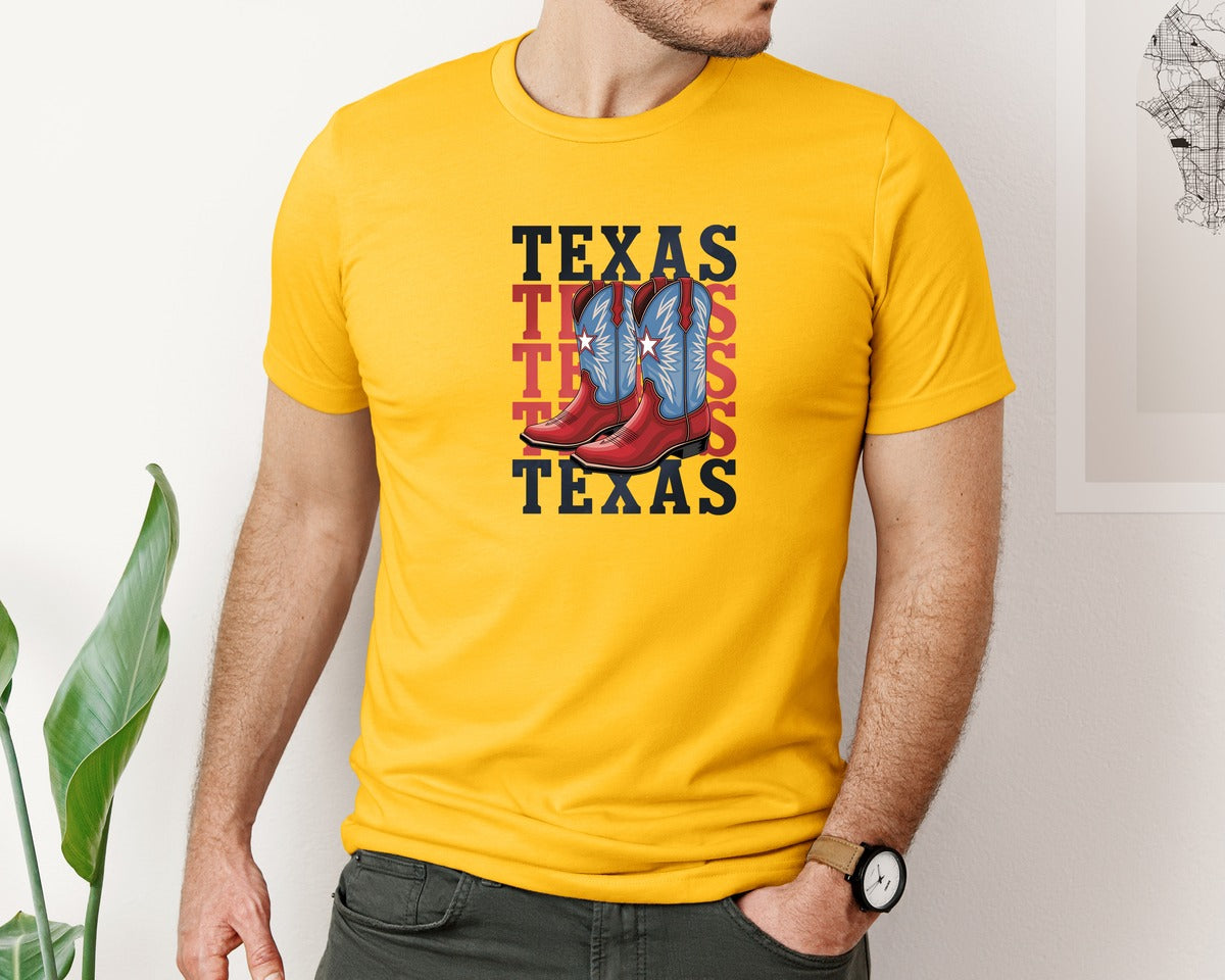 brand:Bella Canvas|color:Gold|Texas Cowboy Boots Western Rodeo 4 Graphic T-Shirt