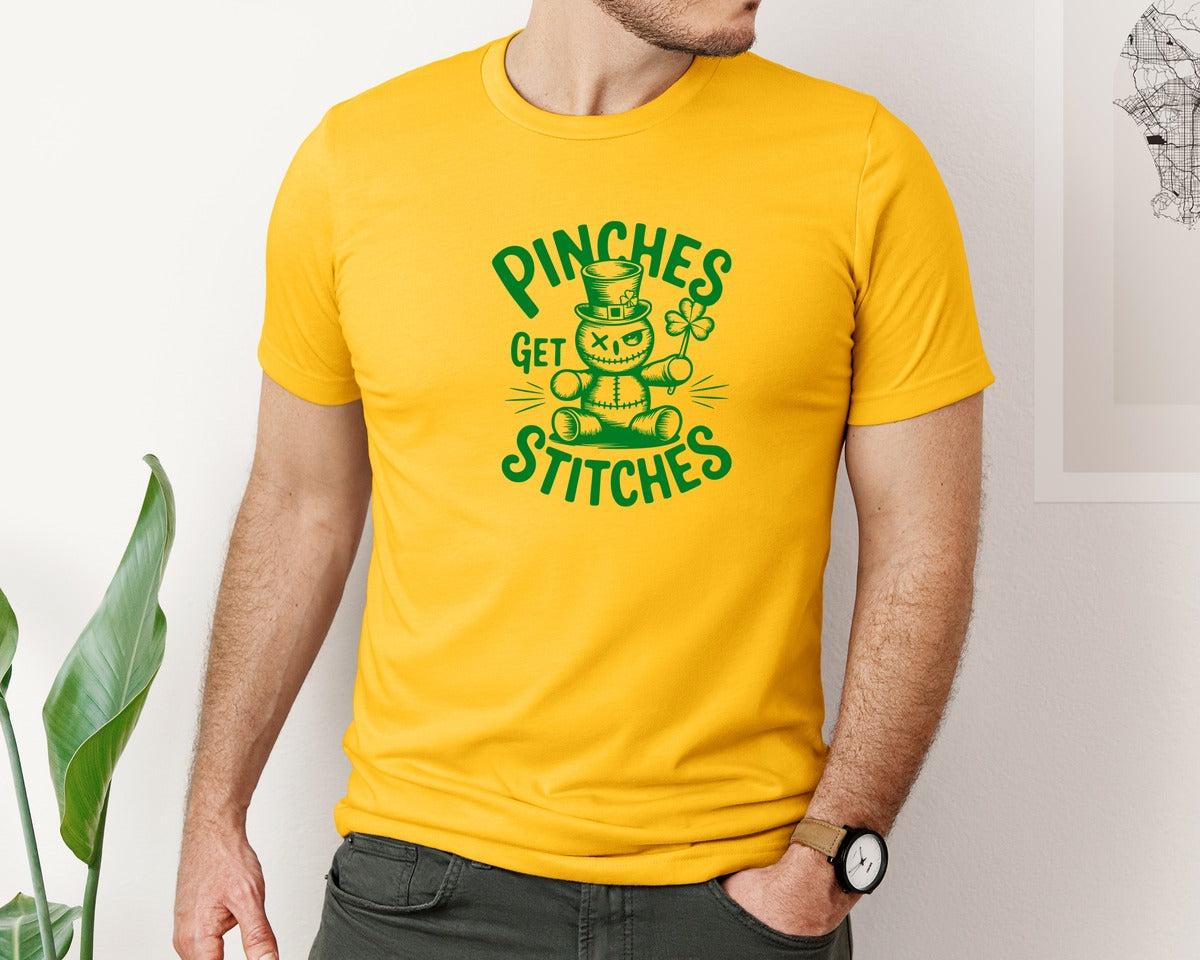 brand:Bella Canvas|color:Gold|Pinches Get Stitches Funny St Patri Graphic T-Shirt