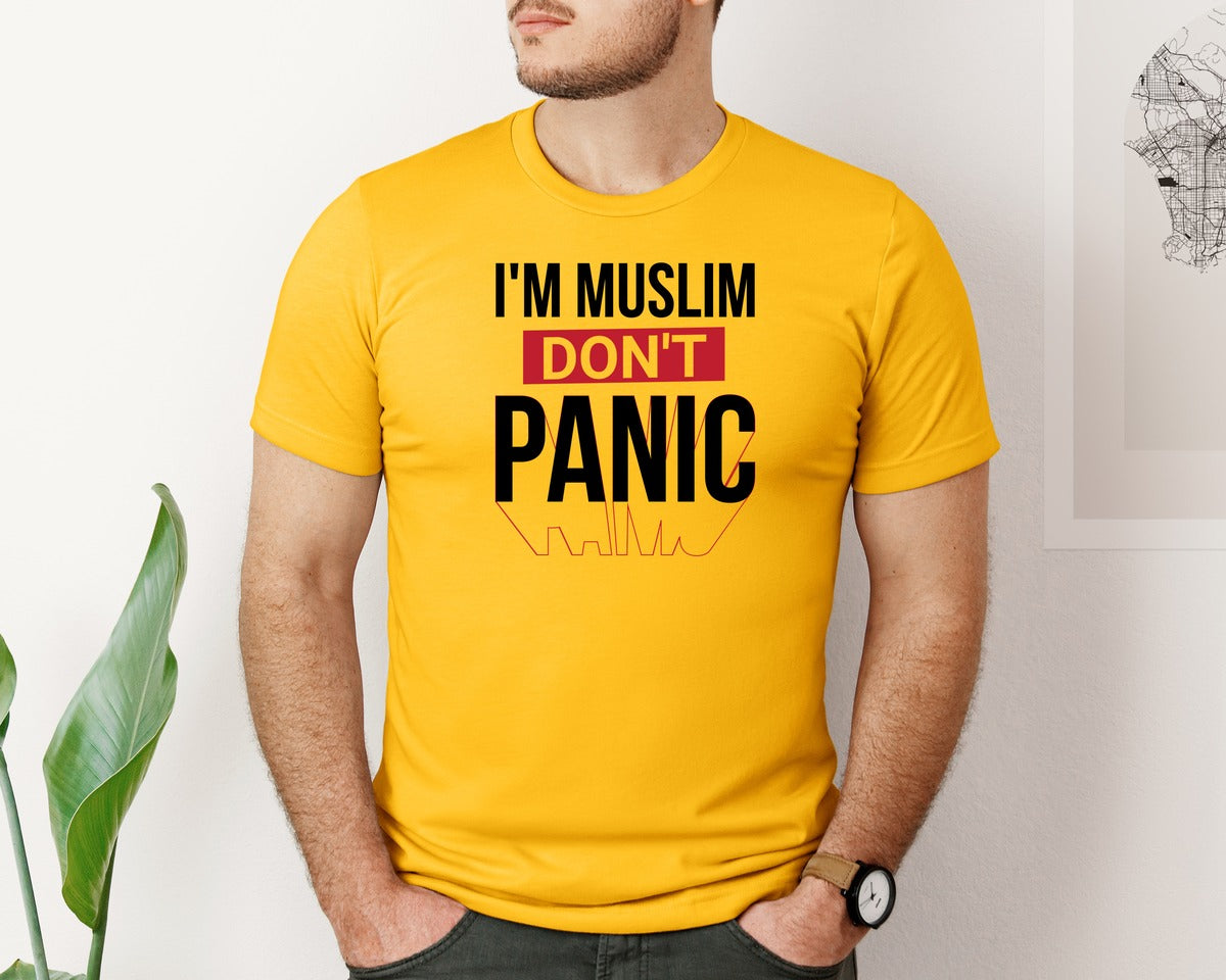 brand:Bella Canvas|color:Gold|Im Muslim Dont Panic Muslim Quote Is Graphic T-Shirt